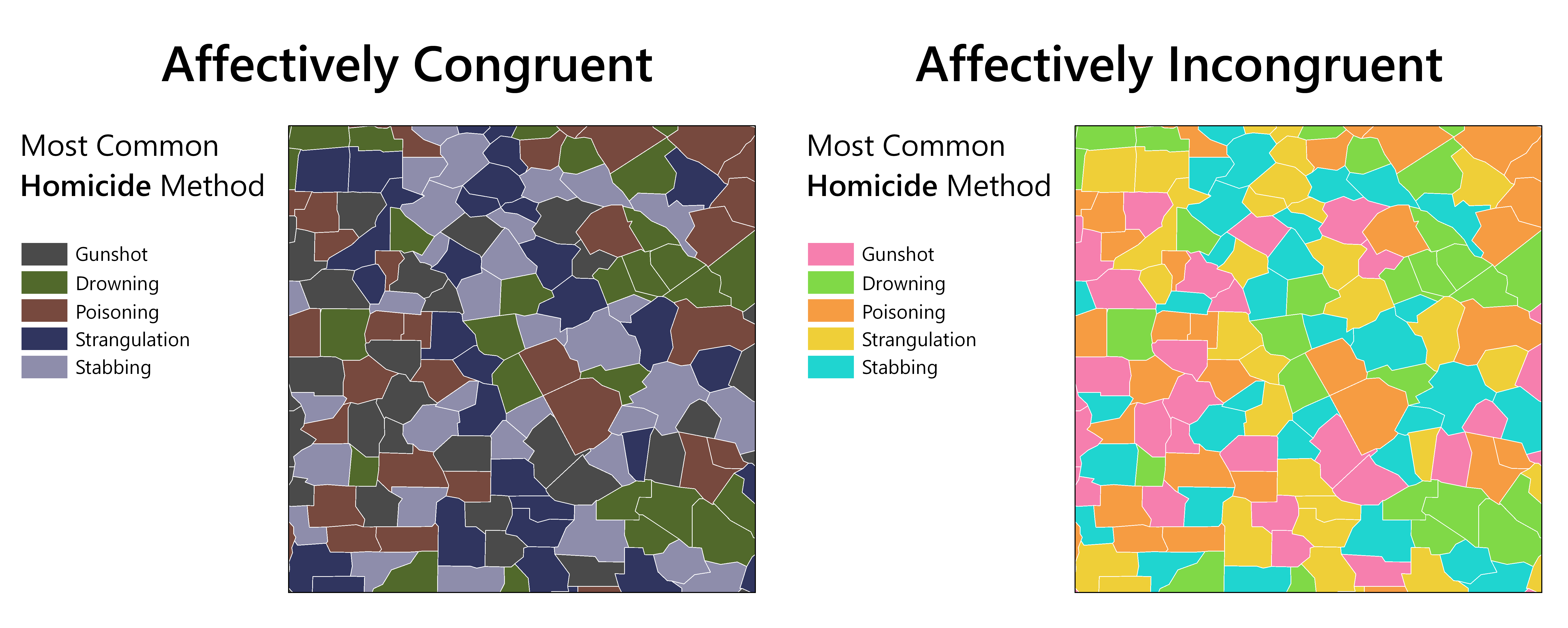 Two visualizations side-by-side with colors aligned (and not) to the subject matter (homicide)